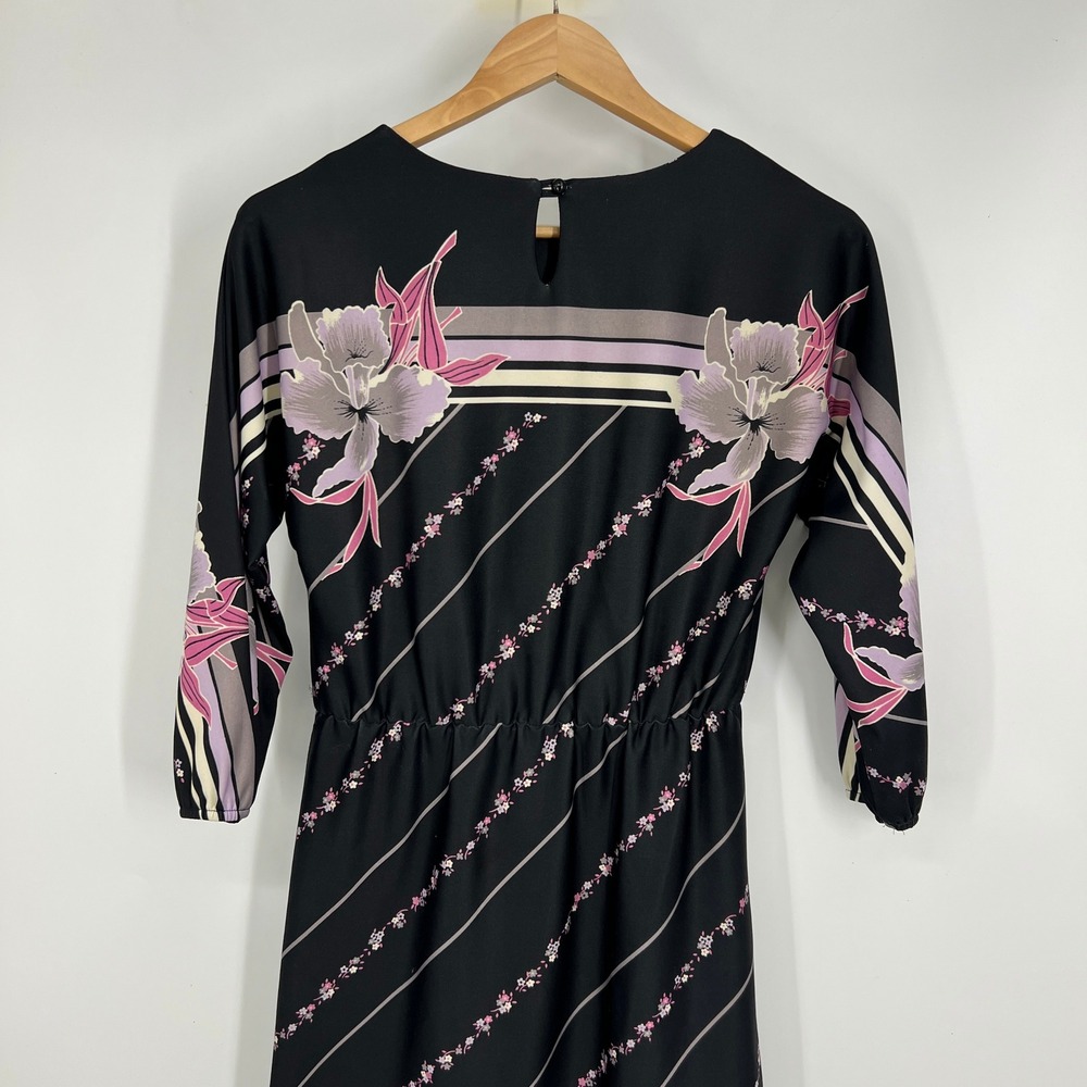 Vintage Avon Fashions Black Floral Midi Dress 7/8 Pink Purple Stripe 8498 - Picture 6 of 10